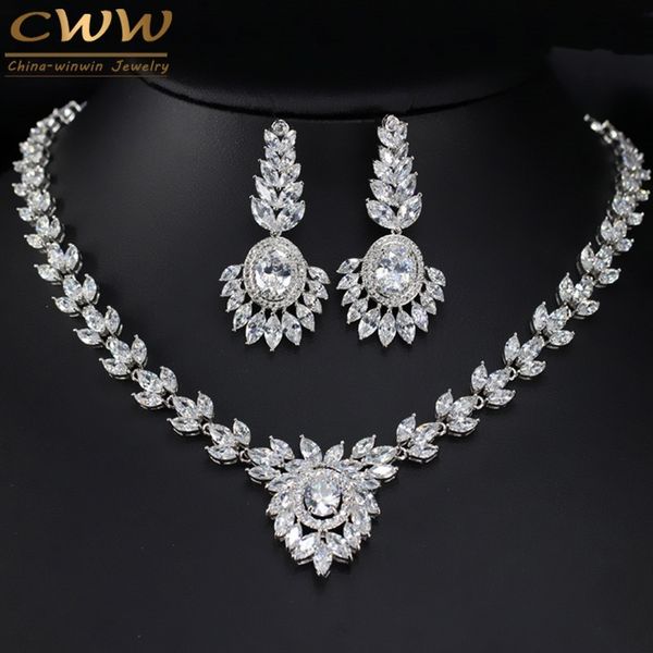 

flower drop big cz jewelry set zirconia stone paved wedding earring and necklace for brides t263 210714, Silver