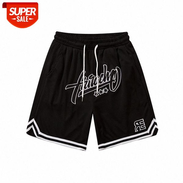 

letter embroidery stitching casual shorts men's american loose straight leg pants sports five-point #ao6i, Black