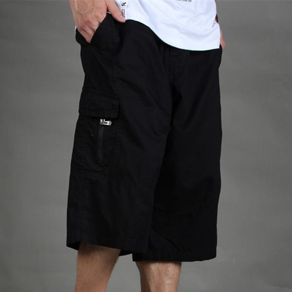 

summer cotton men's capris fattening oversize sports elastic fat man shorts loose tooling pants, Black