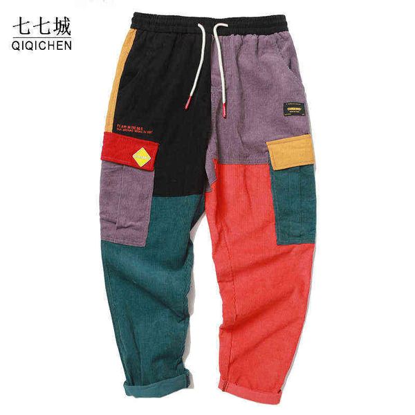 Pantaloni dell'anca Degli Uomini di Velluto A Coste Color Block Patchwork Cargo Harem Pant Vintage Streetwear Harajuku Jogger Pantaloni Della Tuta 2021 G1208