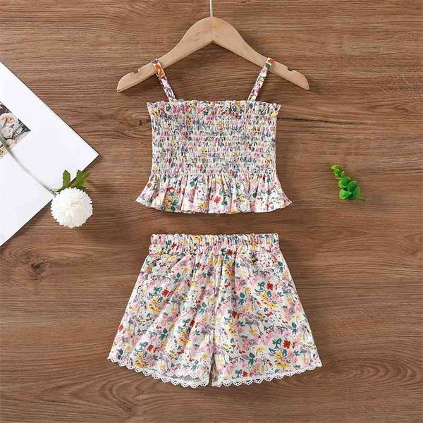 

summer suit clothing sets flower sling shorts 2pcs kid clothes baby girl 210528, White