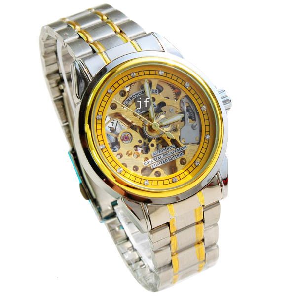 

watch men's automatic mechanical watch steel belt business gold, Slivery;brown