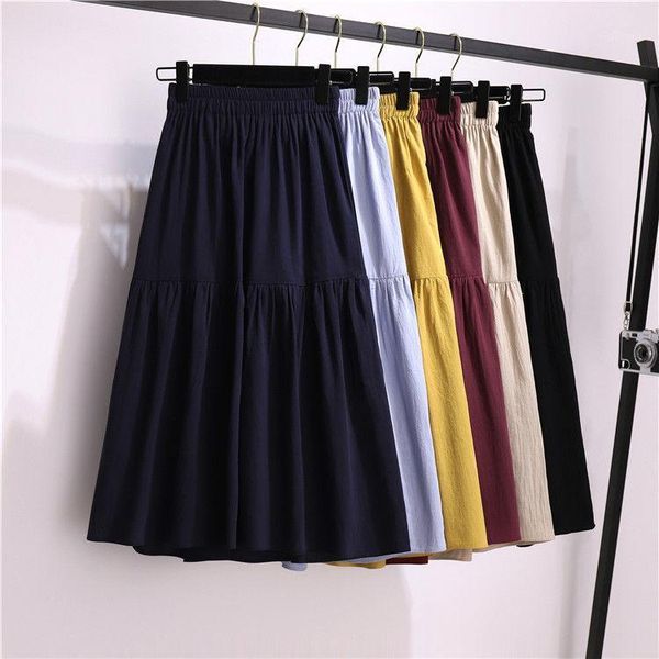 

skirts women 2021 summer fashion solid color midi skirt female a-line high waist ladies casual pleated faldas v151, Black