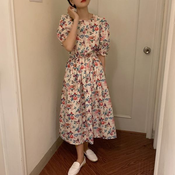 

dresses vintage floral print sweet elegant summer minimalist es sleeve v-neck long vestidos, Black;gray