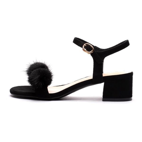 

dress shoes women sandals high heels chaussures femme flock buckle strap 4cm thick round toe shallow back size35-40, Black