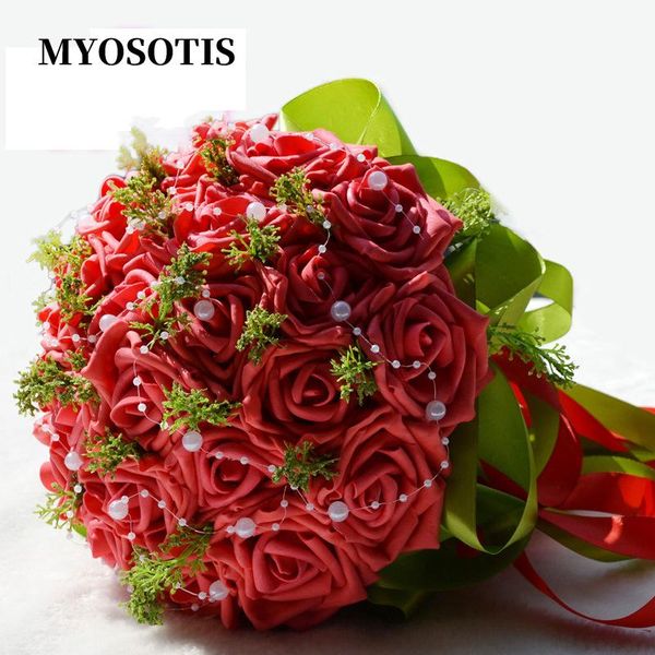 

wedding flowers beautiful pearl beaded bride 's bouquet red silk rose with green leaf ribbon bridal bridesmaid holding de noiva