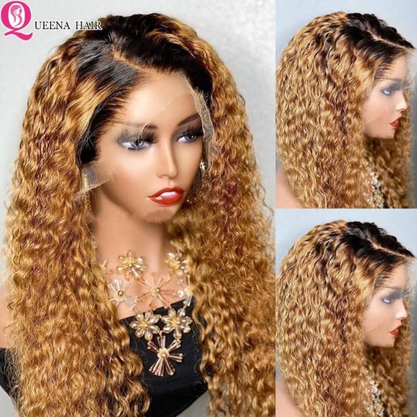 

lace wigs blonde ombre human hair wig water wave honey front preplucked t1b 27 30 hd transparent frontal, Black;brown