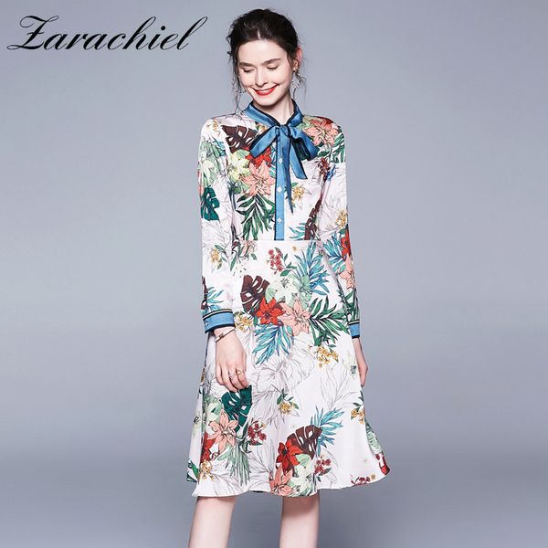 

dresses elegant floral summer fall women long sleeve striped bow tie collar flower print overlay high waist knee length, Black;gray