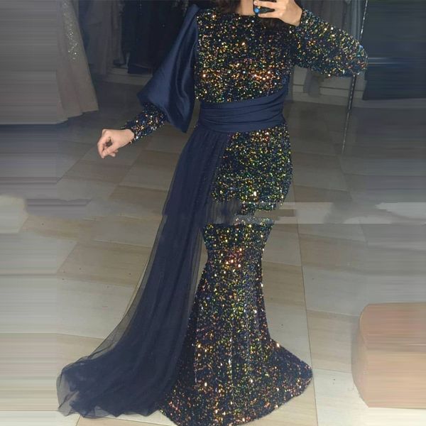 

sequin lace long sleeve muslim evening dress 2021 elegant caftan arabic mermaid with long sash prom gowns party dresses, Black;red