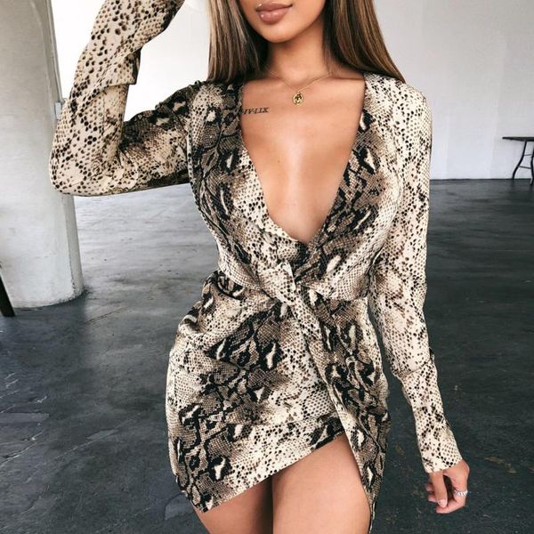 

casual dresses deep v neck cross snake print slim dress women, Black;gray