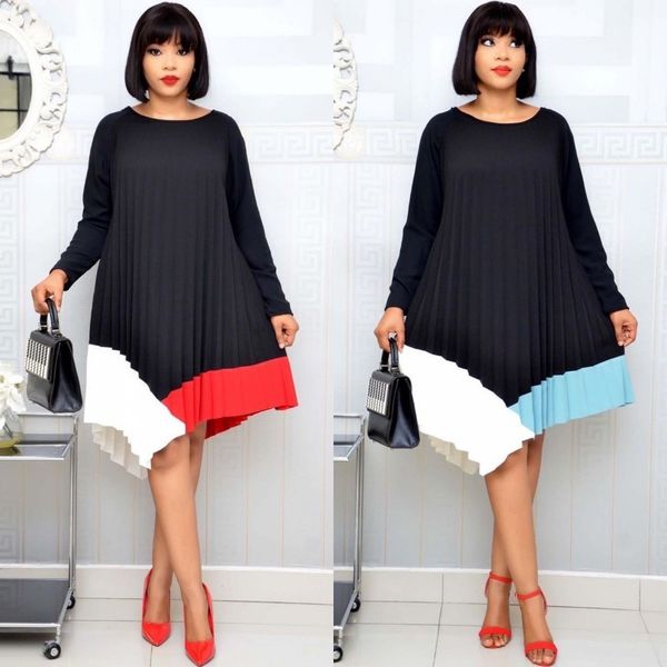 

casual dresses spring autumn solid color cute women contrasting colors pleated long sleeve es vestido s-4xl plus size 7zqt, Black;gray