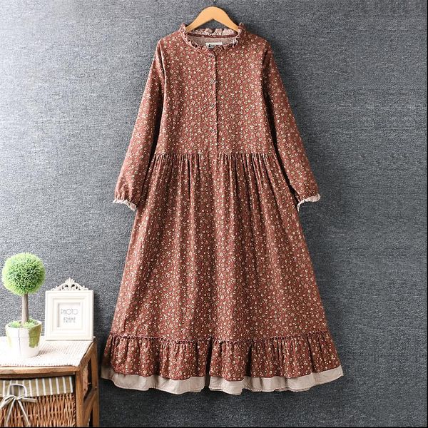 

women dress mori girl summer artistic hipster ruffled floral cotton and linen loose female 7376, Black;gray