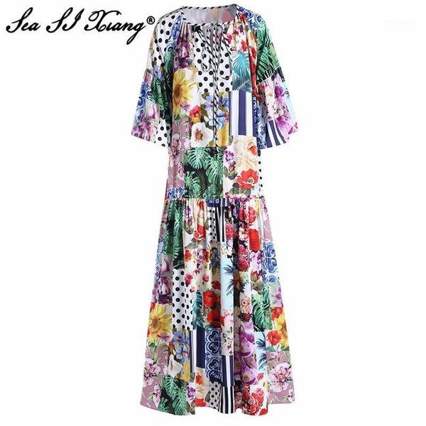 

casual dresses seasixiang fashion designer summer maxi dress women o-neck flare sleeve flower print bohemian loose long, Black;gray
