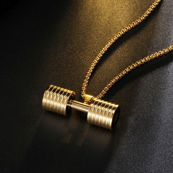 Goldene Sport-Hantel-Halskette. Edelstahl-Bodybuilding-Anhänger-Halsketten mit Ketten für Herren, Modeschmuck, Will und Sandy