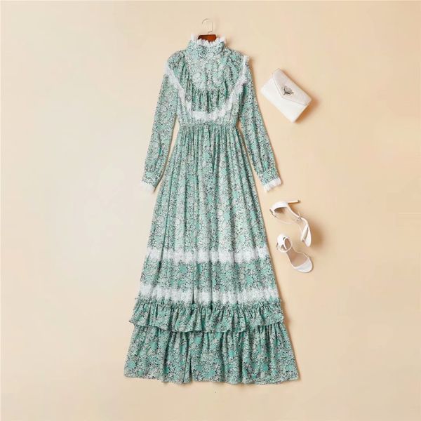 

runway dresses european and american retro style lace stitching stand-up collar ruffled elastic waist floral dress fllj, Black