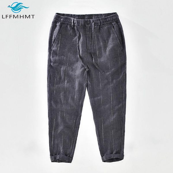 

men spring fashion soft healthy breathable linen thin pants striped casual slim fit retro trendy wild trousers men's, Black