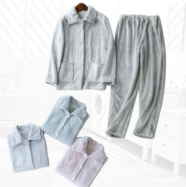 

men's sleepwear autumn winter warm thick flannel pajamas for men women 2 piece set cosiness home solid color couples costumes, Black;brown