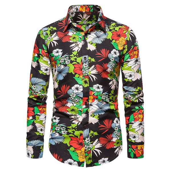 

50kg-100kg mens fashion floral printed button down long sleeve hawaiian shirts 210412, White;black