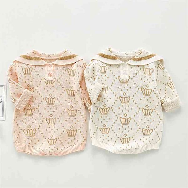 

born girls jumpsuits clothes autumn winter baby crown rompers knitted long sleeve children 210521, Blue