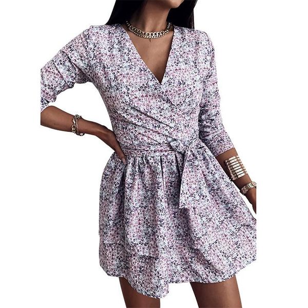 

casual dresses zoctuo dress long sleeve deep v neck club mini for women floral print bandage slim elegant vestidos autumn, Black;gray