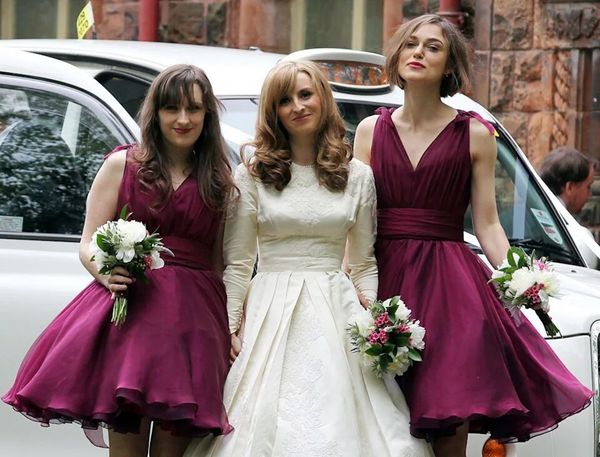 

burgundy color v neck bridesmaid dress a line spring summer countryside garden maid of honor gown wedding guest tailor made plus size availa, White;pink