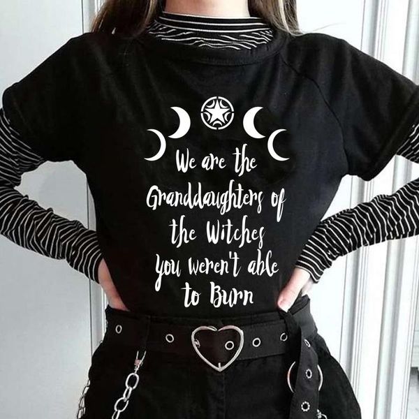 

women's t-shirt we are the granddaughters of witches women gothic witchcraft black grunge moon shirt summer fashion graphic tees, White