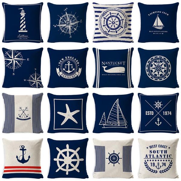 

cushion/decorative pillow home decorative navigation blue compass anchor cover nautical shell fish linen case mediterranean cushion