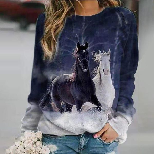 

women's hoodies & sweatshirts aesthetic sweatshirt women fashion o-neck 3d horse printing splicing long sleeves hoodie autumn harajuku, Black