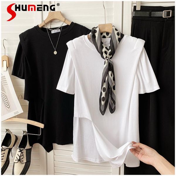 

women's t-shirt 2021 summer irregular padded shoulder round neck short sleeve ladies' solid color loose female tee, White