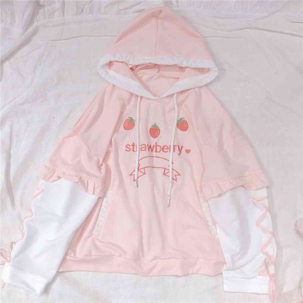 

soft sister cute strawberry embroidery womens hoodie kawaii young girl pullover spring bandage long sleeve hooded sweatshirt, Black