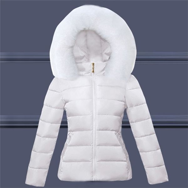 

big fur winter jacket women parkas hooded thick down cotton padded parka female short coat slim warm outwear 211221, Black