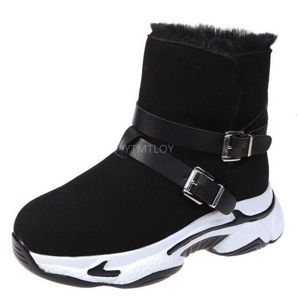 

women snow boots ladies shoes winter plush warm internal increase platform female ankle fashion shoe buckle strap 87js, Black