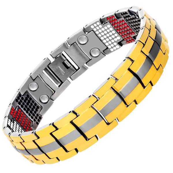 Bracciale energetico bilanciato Bracciale magnetico in titanio dorato e ioni negativi 4 in 1