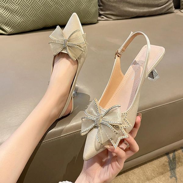

dress shoes all-match beige heeled sandals 2021 women's bow shallow mouth black retro open clear high rhinestone elastic band com