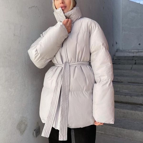 

women's down & parkas floy fashion winter simple stand collar women elegant solid tie belt coats casual long sleeve cotton jackets ladi, Black