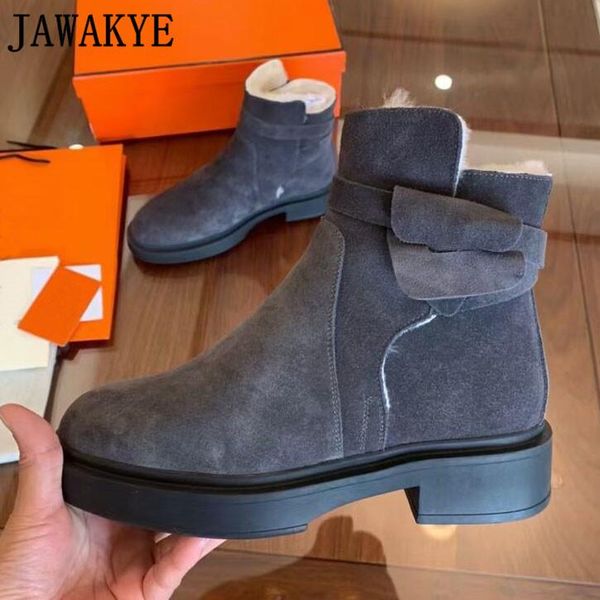 

boots suede leather ankle round toe flat heel buckle strap fur italian winter fashion shoes ladies combat, Black