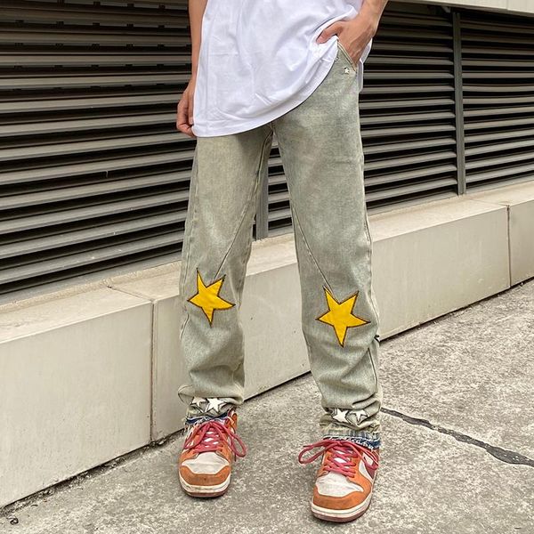 

men's jeans high street five stars embroidery retro casual mens harajuku straight washed oversize loose denim trousers, Blue