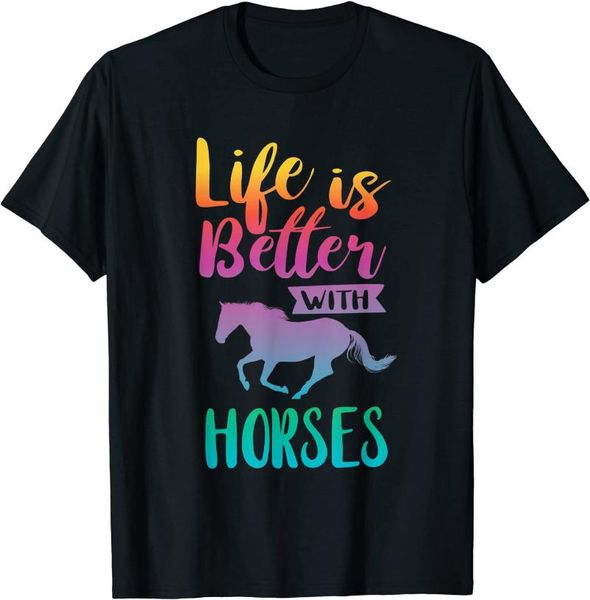 

men's t-shirts retro sun style short sleeve cute life is better with horses horseback riding t-shirt fashion funny kawaii clothing tee, White;black