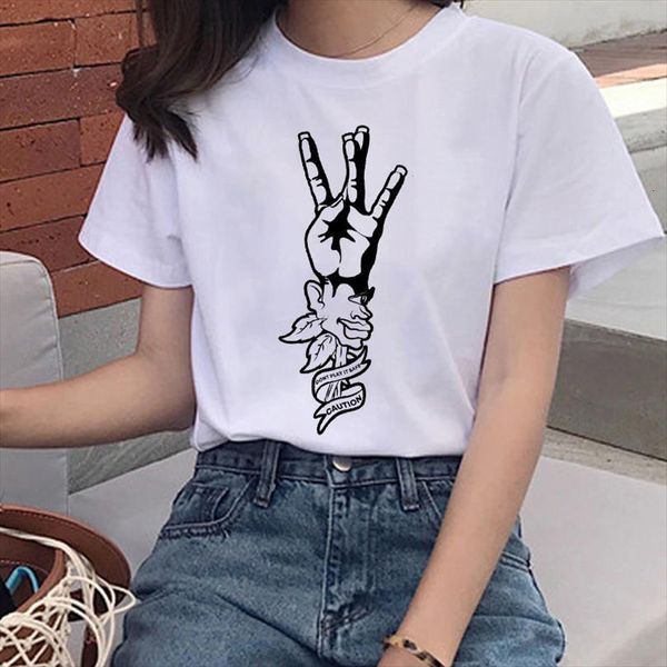 

female gesture printing harajuku men spoof fashion o neck short sleeved white ladies, White;black