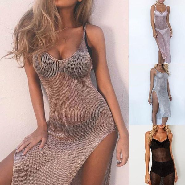 

one-piece suits women sleeveless bikini cover up v-neck backless sheer mesh beach dress glitter metallic side high slit swimsuit clubwe