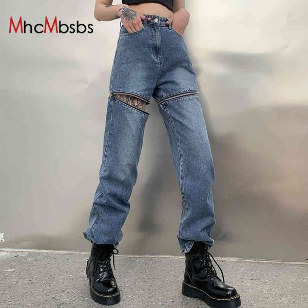Jeans lunghi corti con cerniera Donna Basic Classic Vita alta Pantaloni larghi in denim Pantaloni a gamba larga Abbigliamento per ragazze adolescenti coreane 210517