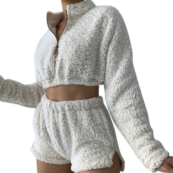 

women's tracksuits women fuzzy plush tracksuit turtleneck zip sweatshirt shorts solid loungewear x7jb, Gray
