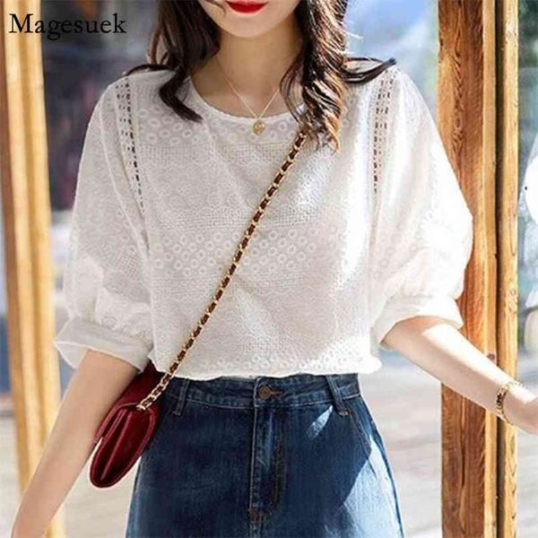 

summer korean fashion women's shirt lantern sleeve embroidery loose lace shirts o-neck casual cotton plus size blouses 13440 210512, White