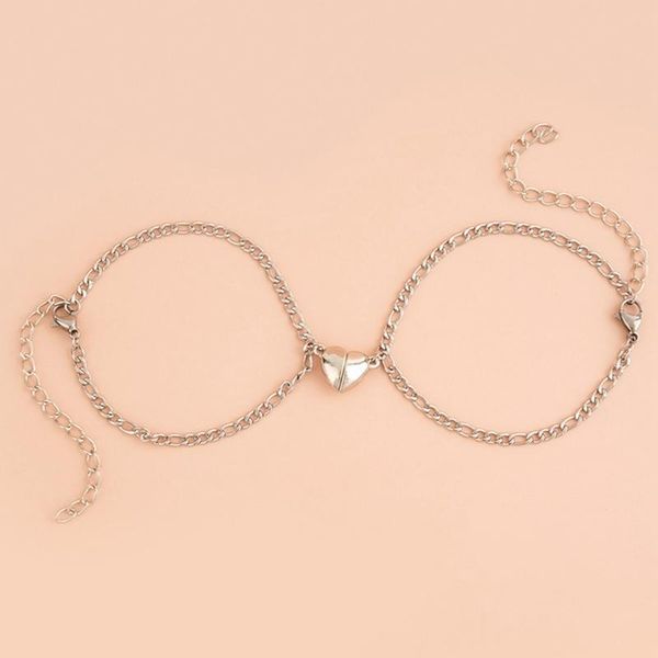 

charm bracelets 2pcs/set heart shaped magnet attraction bracelet for couples stainless steel cuba chain men's and women's jewelry, Golden;silver