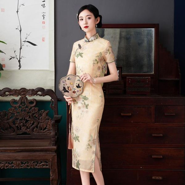 

ethnic clothing traditional mandarin collar women cheongsams slim split elegant qipao vintage classic print chinese dress oriental gown, Red