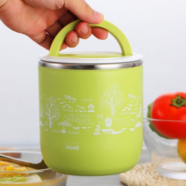 

1100ml stainless steel thermal lunch box with handle double layers leak-proof student insulated bento container dinnerware sets