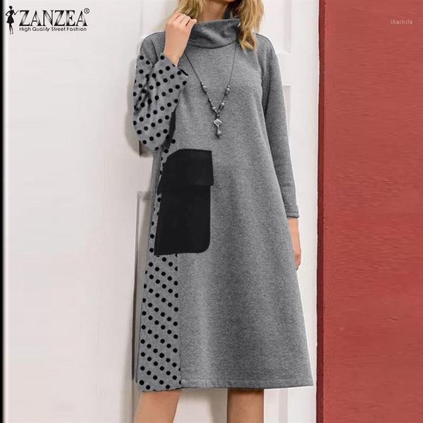 

women knee length dress 2021 ladies turtleneck vestidos casual long sleeve robe autumn patchwork sundress plus size 5xl dresses, Black;gray