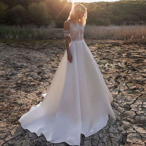 

simple a-line weddding dresses illusion o neck off shoulder button cut-out lace appliqued new 2021 long bridal gowns, Black;gray