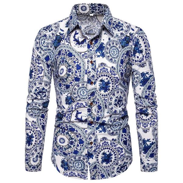 

men's summer fashion business leisure printing long-sleeved shirt blouse camisa masculina hawaiian streetwear casual shirts, White;black