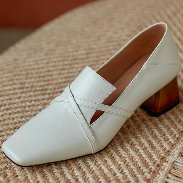 

dress shoes plus size 34-42 women's genuine leather thick med heel slip-on pumps cross strap square toe ol style elegant ladies daily, Black